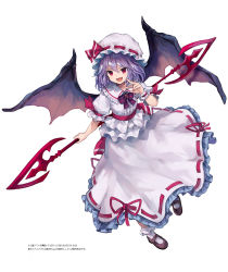 Rule 34 | 1girl, :d, bat wings, black footwear, bobby socks, bow, bowtie, brooch, commentary request, dress, fang, frilled shirt collar, frills, full body, hair between eyes, hand up, hat, hat ribbon, highres, holding, holding polearm, holding spear, holding weapon, jewelry, light purple hair, looking at viewer, makihitsuji, mary janes, mob cap, nail polish, open mouth, petticoat, polearm, puffy short sleeves, puffy sleeves, purple bow, purple bowtie, red eyes, red nails, red ribbon, red sash, remilia scarlet, ribbon, sash, shoes, short hair, short sleeves, simple background, smile, socks, solo, spear, spear the gungnir, touhou, translation request, v-shaped eyebrows, weapon, white background, white dress, white hat, white socks, wings, wrist cuffs
