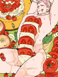Rule 34 | 10s, 1boy, arms behind head, food, food focus, food on body, iwatooshi, kijima hyogo, leaf, licking lips, looking at viewer, male focus, nantaimori, nipples, nude, pasta, pink hair, plate, solo, spaghetti, suggestive fluid, tomato, tongue, tongue out, touken ranbu