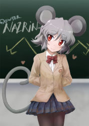 Rule 34 | 1girl, alternate costume, animal ears, arms behind back, blazer, bow, bowtie, chalkboard, checkered clothes, checkered skirt, dowsing rod, female focus, grey eyes, grey hair, head tilt, heart, highres, ikamagu, ikmg, jacket, mouse ears, mouse tail, nazrin, pantyhose, red eyes, school uniform, shirt, short hair, skirt, smile, solo, tail, touhou