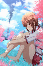 Rule 34 | 1girl, barefoot, blue sky, blurry, blurry background, blush, brown eyes, brown hair, closed mouth, cloud, cloudy sky, commentary request, day, depth of field, from side, hair between eyes, highres, hugging own legs, japanese clothes, kimono, knees up, long hair, looking at viewer, looking to the side, lora (xenoblade), low ponytail, mebi il, outdoors, petals, pleated skirt, ponytail, red skirt, ribbon-trimmed sleeves, ribbon trim, short sleeves, sitting, skirt, sky, smile, smoke, solo, white kimono, xenoblade chronicles (series), xenoblade chronicles 2, xenoblade chronicles 2: torna - the golden country