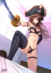 Rule 34 | 1girl, adsouto, arm strap, armpits, asymmetrical legwear, asymmetrical sleeves, black bra, black hat, black panties, black sleeves, blue eyes, bra, breasts, brown footwear, brown hair, cameltoe, cleavage, closed mouth, detached sleeves, eyepatch, floating hair, from below, groin, hair between eyes, hand on own hip, hat, hat feather, highres, holding, holding sword, holding weapon, indoors, katou marika, lingerie, loafers, long hair, looking at viewer, medium breasts, miniskirt pirates, navel, panties, pirate hat, saber (weapon), shoes, signature, single sleeve, single thighhigh, smug, solo, strapless, strapless bra, sword, thigh strap, thighhighs, underboob, underwear, underwear only, uneven legwear, uneven sleeves, weapon