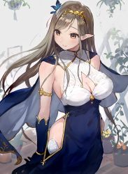 Rule 34 | 1girl, blue cape, blue dress, blue gloves, blush, breasts, cape, cleavage, clothing cutout, dress, elf, gloves, green hair, highres, large breasts, long hair, looking to the side, original, plant, pointy ears, potted plant, side cutout, smile, takeashiro, tiara, very long hair, vines