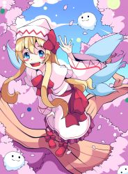 Rule 34 | 1girl, :d, absurdres, blonde hair, blue eyes, blush stickers, bow, capelet, cherry blossoms, dress, fairy wings, foreshortening, from above, full body, hand on own knee, hat, hat bow, highres, kedama (touhou), lily white, long hair, long sleeves, mujib, open mouth, footwear bow, shoes, smile, touhou, waving, wide sleeves, wings
