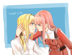 Rule 34 | 10s, 2girls, arm behind head, belt, blonde hair, blue eyes, buttons, character name, closed mouth, crossover, darling in the franxx, hair intakes, hair ornament, hairband, horns, imminent kiss, leaning forward, long hair, looking at another, military, military uniform, multiple girls, necktie, orange neckwear, parted lips, pink hair, red horns, red shirt, season connection, shirt, sidelocks, slms, uniform, violet evergarden, violet evergarden (series), white shirt, yuri, zero two (darling in the franxx)