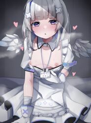 Rule 34 | 1girl, amane kanata, amane kanata (nurse), angel, angel wings, apron, bandaged arm, bandages, blue hair, breasts, clothes lift, colored inner hair, detached collar, dress, dress lift, feathered wings, frilled apron, frills, gloves, gradient wings, grey hair, hair ornament, heart, heart-shaped pupils, highres, hololive, kagami moch, lifted by self, long hair, looking at viewer, mini wings, multicolored hair, multicolored wings, nipples, nurse, open mouth, pantyhose, pink hair, puffy short sleeves, puffy sleeves, purple eyes, seiza, short sleeves, single hair intake, sitting, small breasts, solo, steam, streaked hair, sweat, symbol-shaped pupils, virtual youtuber, white apron, white dress, white gloves, white pantyhose, white wings, wings