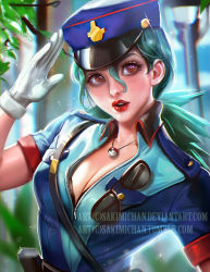 Rule 34 | 1girl, blue hair, breasts, cleavage, creatures (company), game freak, gloves, hat, jenny (pokemon), jewelry, lipstick, makeup, necklace, nintendo, pokemon, pokemon (anime), police hat, red lips, sakimichan, solo, strap, sunglasses, upper body, white gloves