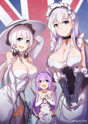 Rule 34 | 3girls, :d, ahoge, azur lane, belfast (azur lane), black bow, black ribbon, blue eyes, blush, bow, breasts, cleavage, closed mouth, commentary, criss-cross halter, detached sleeves, dress, elbow gloves, gloves, hair between eyes, hair bun, hair ribbon, halterneck, hat, highres, hugging object, illustrious (azur lane), large breasts, long hair, long sleeves, maid headdress, multiple girls, myumi, one side up, open mouth, purple eyes, purple hair, ribbon, side bun, silver hair, single hair bun, single side bun, smile, strapless, strapless dress, stuffed animal, stuffed pegasus, stuffed toy, stuffed unicorn, twitter username, unicorn (azur lane), union jack, very long hair, white dress, white gloves, white hat