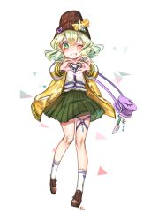 Rule 34 | 1girl, ;), adapted costume, bag, beanie, blush, brown footwear, buttons, full body, green eyes, green hair, green skirt, grin, hat, heart, heart hands, highres, jacket, komeiji koishi, long sleeves, looking at viewer, one eye closed, pocket, shirt, shoes, shoulder bag, simple background, skirt, smile, socks, solo, teeth, tis (shan0x0shan), touhou, white background, white shirt, white socks, yellow jacket