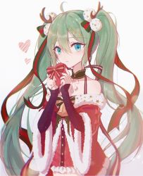 Rule 34 | 1girl, ahoge, aqua eyes, bell, christmas, gift, green hair, hair between eyes, hair ribbon, hatsune miku, heart, highres, holding, holding gift, long hair, osage (8545675), ribbon, solo, twintails, very long hair, vocaloid, white background, wide sleeves