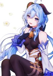 Rule 34 | ahoge, bare shoulders, bell, black gloves, black legwear, blue hair, blush, bow, breasts, chinese knot, corrupted twitter file, detached sleeves, flower, flower knot, ganyu (genshin impact), genshin impact, gloves, gold trim, hand on own chest, highres, horns, long hair, looking at viewer, medium breasts, neck bell, petals, pochimaru (marumaru wanwan), purple eyes, qingxin flower, red rope, rope, sidelocks, sitting, smile, solo, thighlet, vision (genshin impact), white background, white flower, white sleeves