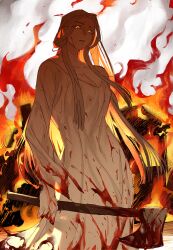 Rule 34 | 1girl, axe, blonde hair, blood, blood on clothes, blood on face, bloody weapon, breasts, burning, burnt clothes, cleavage, collarbone, cowboy shot, dress, dungeon meshi, fire, from below, genderswap, genderswap (mtf), glowing, glowing eyes, half updo, holding, holding axe, house, laios touden, large breasts, long hair, long sleeves, looking at viewer, outdoors, parted lips, saiko67, smoke, solo, very long hair, weapon, white dress, yellow eyes