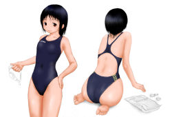 Rule 34 | 1girl, arena (company), ass, barefoot, black hair, competition swimsuit, feet, flat chest, goggles, multiple views, natsu no yudoufu, one-piece swimsuit, original, red eyes, short hair, swimsuit