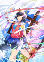 Rule 34 | 1girl, animal ears, armband, bandaid, bandaid on face, bandeau, bike shorts, black hair, blue skirt, breasts, choker, closed mouth, cloud, confetti, curtain grab, curtains, feet out of frame, flower, grass, hanomoge, highres, hood, hood down, hooded jacket, horse ears, horse girl, horse tail, jacket, looking at viewer, miniskirt, paper airplane, partially unzipped, red eyes, red jacket, short hair, skirt, sleeveless, sleeveless jacket, small breasts, smile, solo, streamers, tail, tree, umamusume, wading, water, window, winning ticket (umamusume), wristband