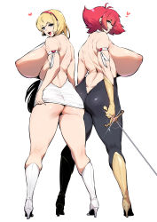 Rule 34 | 2girls, absurdres, alternate body size, alternate breast size, armlet, ass, back-to-back, bare back, blonde hair, blue eyes, bodysuit, boots, breasts, cutie honey, cutie honey (character), dress, full body, green eyes, grin, hairband, heart, high heel boots, high heels, highres, huge breasts, kisaragi honey, long hair, looking at viewer, looking back, multiple girls, no bra, rapier, red hair, revealing clothes, short dress, short hair, sideboob, simple background, skindentation, smile, standing, sword, thick thighs, thighs, thirty 8ght, topless, very long hair, weapon, white background, white footwear