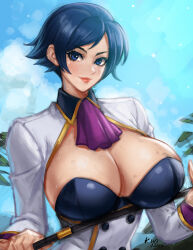 Rule 34 | 1girl, blue eyes, blue hair, blush, breasts, cleavage, cloud, cloudy sky, coat, elisabeth blanctorche, kyopink611, large breasts, lipstick, looking at viewer, makeup, sky, smile, snk, sweat, the king of fighters, tree, whip