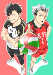Rule 34 | 2boys, ball, black hair, bokuto koutarou, borrowed clothes, cosplay, costume switch, crossed arms, foreshortening, from above, full body, grin, haikyuu!!, hand on own hip, holding, holding ball, kuroo tetsurou, madara6k, multiple boys, perspective, pointing, pointing at viewer, simple background, smile, sportswear, volleyball, volleyball (object), volleyball uniform, white hair, yellow eyes