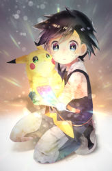 Rule 34 | 1boy, ash ketchum, black hair, blue pants, cocoloco, commentary request, creatures (company), fingerless gloves, game freak, gen 1 pokemon, gloves, glowing, green gloves, holding, holding pokemon, jacket, kneeling, looking at object, male focus, nintendo, pants, parted lips, pikachu, pokemon, pokemon (anime), pokemon (classic anime), pokemon (creature), rainbow feather (pokemon), rainbow feather (pokemon), shirt, shoes, short sleeves, sneakers
