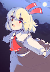 Rule 34 | 1girl, :d, ascot, black skirt, black vest, blonde hair, boa (brianoa), bow, full moon, hair bow, highres, long sleeves, looking at viewer, moon, night, night sky, open mouth, outdoors, outstretched arms, red ascot, red eyes, rumia, short hair, skirt, sky, smile, solo, spread arms, touhou, vest