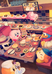 Rule 34 | 6+boys, :3, absurdres, beanie, big-rig mouth, blush, blush stickers, chef hat, chef kawasaki, chopsticks, closed eyes, commentary request, cutting board, fedora, fish, fish (food), food, food request, gloves, hat, head scarf, highres, holding, holding chopsticks, ikura (food), kirby, kirby&#039;s dream land, kirby (series), kirby and the forgotten land, licking lips, mask, meta knight, motor vehicle, mouthful mode, multiple boys, nigirizushi, nintendo, omelet, parfait, plate, saliva, semi truck, soy sauce, sparkling eyes, sushi, suyasuyabi, tamagoyaki, tongue, tongue out, translation request, truck, umbrella, waddle dee, winter clothes, yellow eyes
