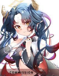 Rule 34 | 1girl, artist name, belly, black hair, commission, commissioner upload, demon girl, dress, fingernails, highres, horns, idol corp, lily sin, long hair, looking at viewer, microphone, multicolored hair, navel, nose, pointy ears, simple background, teeth, virtual youtuber, watermark, wings