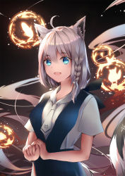 Rule 34 | 1girl, ahoge, animal ear fluff, animal ears, bad id, bad pixiv id, blue vest, chinese commentary, fox ears, fox girl, fox tail, green eyes, hair between eyes, highres, hololive, light particles, long hair, looking at viewer, neckerchief, open mouth, oruyanke (shirakami fubuki), own hands together, pentagram, shirakami fubuki, shirt, sidelocks, solo, tail, vest, virtual youtuber, white hair, white shirt, ye ming (328648)