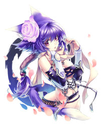 Rule 34 | 1girl, animal ears, belt, bottomless, breasts, cat ears, cat tail, cherry blossoms, cleavage, elbow gloves, flower, gloves, hair flower, hair ornament, hirano katsuyuki, jewelry, large breasts, necklace, original, petals, pink eyes, ponytail, purple hair, rose, scarf, solo, tail