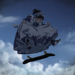 Rule 34 | 1girl, anime coloring, apron, black hair, brown hair, clothes lift, cloud, commentary, dark, dress, dress lift, floating hair, jumping, lifted by self, looking down, maid, maid apron, maid headdress, original, ponytail, serious, shoes, skateboard, skateboarding, sky, sneakers, solo, suzushiro (suzushiro333)