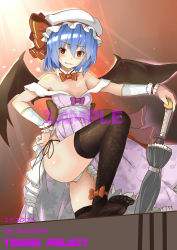 Rule 34 | 1girl, absurdres, alternate costume, alternate eye color, ankle bow, ankle ribbon, arm warmers, artist name, backlighting, bat wings, black thighhighs, blue hair, blush, bow, bowtie, brown eyes, closed umbrella, copyright name, dated, detached collar, dress, feet, floral print, frilled dress, frills, gluteal fold, grin, hand on own hip, hat, hat bow, highres, leg ribbon, light particles, light rays, looking at viewer, magic circle, mob cap, obi, panties, pantyshot, purple dress, remilia scarlet, ribbon, sample watermark, sash, short hair, side-tie panties, side slit, smile, solo, standing, strapless, strapless dress, string panties, sunshine (1638509769), sword hilt, thighhighs, thighs, toes, touhou, umbrella, underwear, watermark, white panties, wings, wrist cuffs