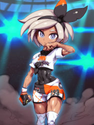 Rule 34 | 1girl, abs, bea (pokemon), black hairband, blue eyes, bodysuit, bodysuit under clothes, breasts, commentary, covered navel, creatures (company), crop top, dark-skinned female, dark skin, english commentary, facial scar, facing viewer, game freak, gloves, grey hair, gym leader, hairband, highres, holding, holding poke ball, knee pads, narrow waist, nintendo, phantom ix row, poke ball, pokemon, pokemon swsh, scar, scar on cheek, scar on face, short hair, shorts, single glove, small breasts, solo, stage lights, thick thighs, thighs, unitard, wiping face