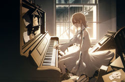 Rule 34 | 1girl, analog clock, blush, book, book stack, breasts, brown eyes, brown hair, chair, choker, cleavage, clock, closed mouth, from side, hair behind ear, highres, indoors, instrument, large breasts, letter, light, long hair, long sleeves, looking away, mail, messy, night, original, piano, profile, short hair, smile, solo, stairs, straight hair, wallpaper, wanke, window