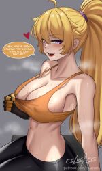 Rule 34 | 1girl, ahoge, black gloves, black pants, blonde hair, breasts, covered erect nipples, cslucaris, english text, fingerless gloves, from side, gloves, grey background, high ponytail, highres, large breasts, looking at viewer, midriff, navel, orange sports bra, pants, ponytail, purple eyes, rwby, simple background, sitting, solo, speech bubble, sports bra, steaming body, stomach, strap gap, sweat, teasing, yang xiao long, yoga pants