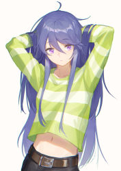 Rule 34 | 1girl, absurdres, adjusting hair, ahoge, arms up, black pants, blue hair, closed mouth, commentary request, green sweater, hair down, highres, long hair, navel, pants, purple eyes, shima rin, simple background, solo, striped clothes, striped sweater, sweater, white background, yidie, yurucamp