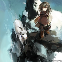 Rule 34 | 1girl, animal, blue sky, boots, brown eyes, brown footwear, brown hair, cape, collar, dated, day, goat, holding, long hair, original, outdoors, plant, rock, signature, sky, snow, uraki (tetsu420), winter, winter clothes