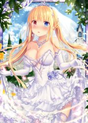 Rule 34 | 1girl, blonde hair, blue eyes, blush, bracelet, breasts, bride, cleavage, clothes lift, crossover, dress, earrings, elbow gloves, eurika (falkyrie no monshou), falkyrie no monshou, gloves, heterochromia, jewelry, large breasts, lifted by self, long hair, looking at viewer, natsumekinoko, necklace, official art, parted lips, red eyes, shinkai no valkyrie, skirt, skirt lift, solo, thighhighs, tiara, wedding, wedding dress, white gloves, white thighhighs