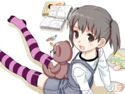 Rule 34 | blush, book, brown eyes, brown hair, candy, child, chips (food), food, grey overalls, legs, mattaku mousuke, oekaki, open mouth, original, overalls, purple thighhighs, short twintails, sitting, smile, solo, striped clothes, striped thighhighs, stuffed animal, stuffed toy, teddy bear, thighhighs, twintails