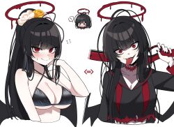 Rule 34 | !, :p, bikini, black bikini, black hair, black nails, black serafuku, black wings, blood, blood halo, blood stain, blue archive, blush, breasts, chibi, cleavage, cropped shirt, dalgam12, dual persona, embarrassed, fangs, feathered wings, flower, gun, hair between eyes, hair flower, hair ornament, halo, hand on own cheek, hand on own face, hand up, highres, holding, holding gun, holding weapon, liquid halo, long hair, medium breasts, melting halo, messy hair, nail polish, neckerchief, nervous smile, over shoulder, ponytail, red eyes, red halo, red neckerchief, rose, school uniform, serafuku, shirt, smile, spoken exclamation mark, swimsuit, tongue, tongue out, torn clothes, torn shirt, tsurugi (blue archive), tsurugi (swimsuit) (blue archive), undone neckerchief, upper body, very long hair, weapon, weapon over shoulder, white flower, white rose, wings, yellow flower, yellow rose