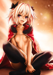 Rule 34 | 1boy, :d, arai29, artist name, astolfo (fate), backlighting, black bow, black thighhighs, bow, cape, collarbone, commentary, fang, fate/grand order, fate (series), fur-trimmed cape, fur trim, hair between eyes, hair bow, hair intakes, head tilt, lipstick, long hair, looking at viewer, makeup, male focus, multicolored hair, naked cape, nipples, open mouth, pink hair, pink lips, purple eyes, red cape, simple background, sitting, skin fang, smile, solo, streaked hair, thighhighs, trap, very long hair, white hair