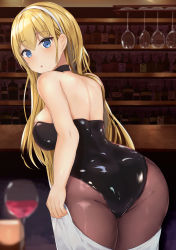 Rule 34 | 1girl, ass, azur lane, back, bar (place), bare shoulders, black pantyhose, blonde hair, blue eyes, blush, bodysuit, bottle, breasts, choker, cowboy shot, cup, drinking glass, from behind, hairband, highres, hip focus, houraku, huge ass, latex, latex bodysuit, long hair, looking at viewer, looking back, medium breasts, north carolina (azur lane), open mouth, pantyhose, shiny clothes, sideboob, skin tight, skindentation, sleeveless, solo, straight hair, thick thighs, thighs, wide hips, wine bottle, wine glass