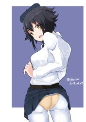 Rule 34 | 10s, 1girl, absurdres, accidental exposure, anzio school uniform, artist name, ass, belt, beret, black hair, black hat, black skirt, blue background, blush, border, braid, brown eyes, clothes lift, cowboy shot, dated, dress shirt, from behind, girls und panzer, hat, highres, irukatto, long sleeves, looking at viewer, looking back, miniskirt, outside border, panties, panties under pantyhose, pantyhose, pantyshot, parted lips, pepperoni (girls und panzer), pleated skirt, school uniform, shirt, short hair, side braid, skirt, skirt caught on object, skirt lift, solo, standing, twitter username, underwear, white border, white pantyhose, white shirt, yellow eyes, yellow panties