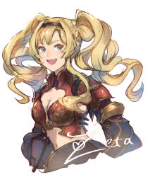 Rule 34 | 1girl, :d, black hairband, blonde hair, blue eyes, braid, breasts, character name, cleavage, cropped torso, floating hair, granblue fantasy, hairband, highres, long hair, looking at viewer, medium breasts, midriff, navel, open mouth, shimatani azu, simple background, sketch, smile, solo, stomach, upper body, very long hair, white background, zeta (granblue fantasy)