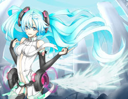 Rule 34 | 1girl, aqua eyes, aqua hair, bad id, bad pixiv id, belt, breasts, bridal gauntlets, elbow gloves, female focus, fingerless gloves, gloves, hatsune miku, hatsune miku (append), long hair, navel, necktie, open mouth, outdoors, smile, solo, standing, thighhighs, toromera, twintails, very long hair, vocaloid, vocaloid append