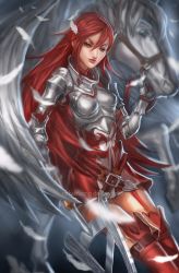 Rule 34 | 1girl, armor, belt, boots, bridle, cordelia (fire emblem), feather hair ornament, feathered wings, feathers, fire emblem, fire emblem awakening, garter straps, gauntlets, hair ornament, highres, long hair, looking at viewer, nintendo, pegasus, polearm, red eyes, red hair, richy truong, shoulder pads, solo, spear, thigh boots, thighhighs, thighs, very long hair, watermark, weapon, web address, wings, zettai ryouiki