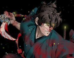 Rule 34 | 1boy, black background, blood, blood on clothes, blood on face, blue kimono, brown hair, commentary request, fate/samurai remnant, fate (series), fireflies, glowing, glowing eyes, hair between eyes, holding, holding sword, holding weapon, japanese clothes, katana, kimono, male focus, miyamoto iori (fate), multiple swords, open mouth, oyatsu (hana), red eyes, revision, short hair, solo, sword, topknot, upper body, weapon