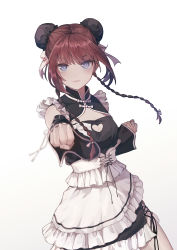 Rule 34 | 1girl, 85968106, absurdres, braid, breasts, brown hair, bun cover, cleavage, corset, detached sleeves, double bun, hair bun, heart, highres, incoming attack, incoming punch, looking at viewer, maid, motion blur, original, punching, purple eyes, solo, white background