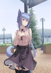 Rule 34 | 1girl, animal ears, blue hair, blue tail, breasts, day, garter straps, hair between eyes, hand up, highres, holding, holding phone, looking away, mikisai, open mouth, original, outdoors, phone, purple eyes, sidelocks, small breasts, solo, tail, thighhighs