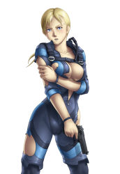 Rule 34 | 1girl, blonde hair, blue eyes, blush, bodysuit, breasts squeezed together, breasts, cleavage, female focus, gun, highres, jill valentine, large breasts, legs, long hair, looking at viewer, open clothes, ponytail, resident evil, resident evil 5, simple background, solo, standing, sweat, thighs, thor (deep rising), torn clothes, unzipped, weapon, white background, zipper
