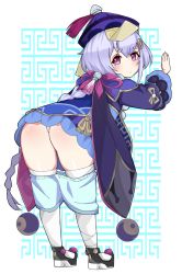 Rule 34 | 1girl, artist request, ass, blush, braid, braided ponytail, chinese clothes, clothes pull, from behind, genshin impact, hat, leaning, leaning forward, long hair, looking at viewer, ofuda, panties, pantyshot, purple eyes, purple hair, qingdai guanmao, qiqi (genshin impact), shiny skin, shorts, shorts pull, single braid, solo, thighhighs, underwear, very long hair