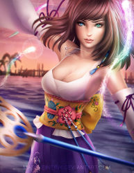Rule 34 | 00s, 1girl, arm up, armpits, artist name, bare shoulders, blue eyes, blue skirt, breasts, bridge, brown hair, cleavage, collarbone, cowboy shot, detached sleeves, evening, final fantasy, final fantasy x, floating, ghost, glint, green eyes, hair ornament, hakama, hakama skirt, heterochromia, hitodama, holding, holding staff, japanese clothes, jewelry, large breasts, light smile, lips, long hair, looking at viewer, madeleine bellwoar, necklace, outdoors, palm tree, parted lips, pendant, plant, pleated skirt, purple ribbon, ribbon, rod, sash, short hair, skirt, solo, staff, sunset, tassel, teeth, tree, water, watermark, web address, wide sleeves, yuna, yuna (ff10)