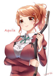 Rule 34 | 10s, 1girl, aquila (kancolle), artist name, bad id, bad pixiv id, blush, bow (weapon), breast hold, breasts, brown eyes, character name, collared shirt, feathered wings, green ribbon, hair ornament, hairclip, high ponytail, highres, holding, holding weapon, jacket, kantai collection, large breasts, long sleeves, omoomomo, orange hair, red jacket, ribbon, shirt, short hair, simple background, smile, solo, text focus, upper body, wavy hair, weapon, white background, white shirt, wings