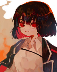 Rule 34 | black coat, black hair, breasts, closed mouth, coat, coat on shoulders, collared shirt, commentary request, fire, highres, limbus company, long sleeves, mochigome 138, project moon, red eyes, ryoshu (project moon), shirt, short hair, small breasts, smile, upper body, white shirt